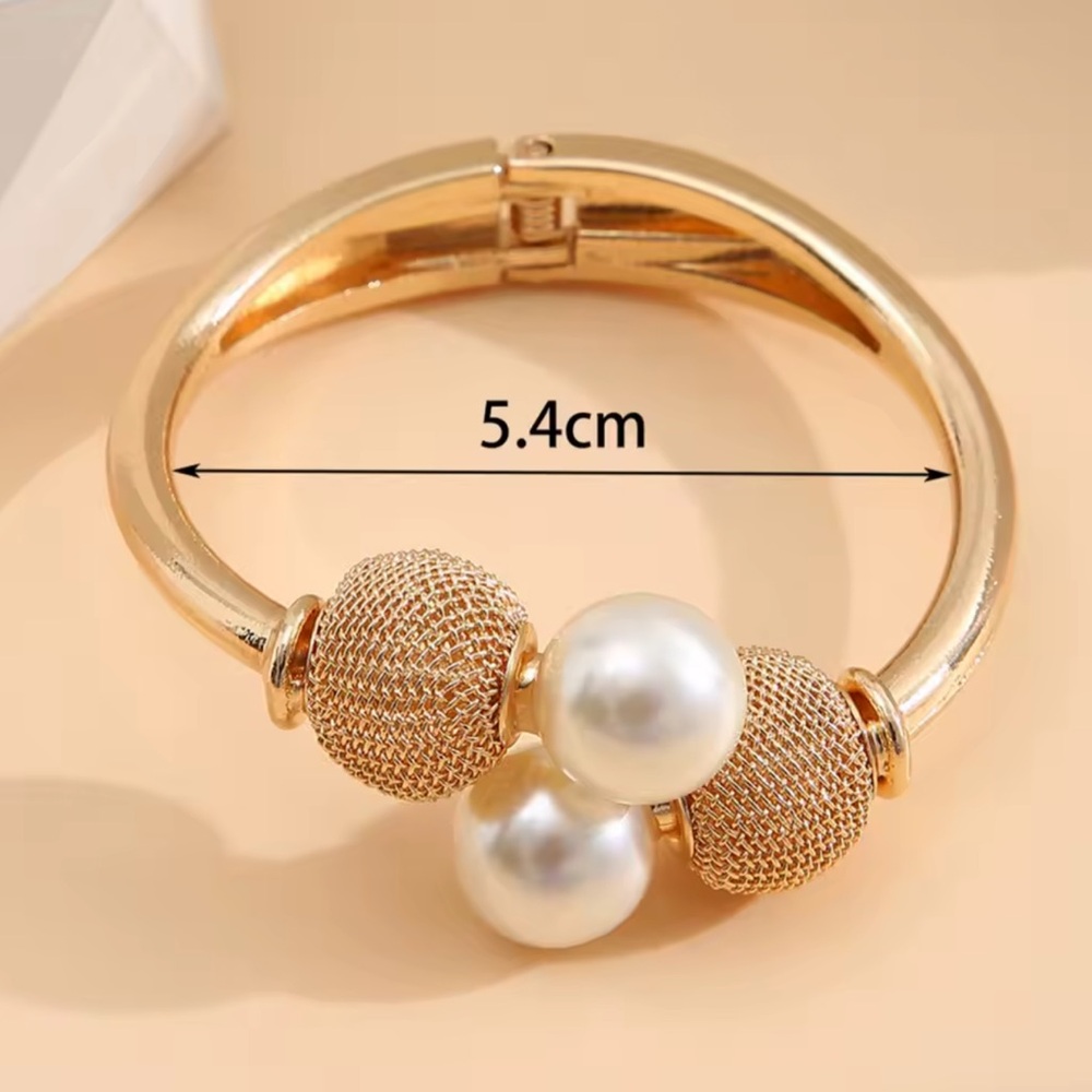 Vintage Geometric Gold Open Bangle with Pearl Ball Statement Bracelet - Picture 3 of 3